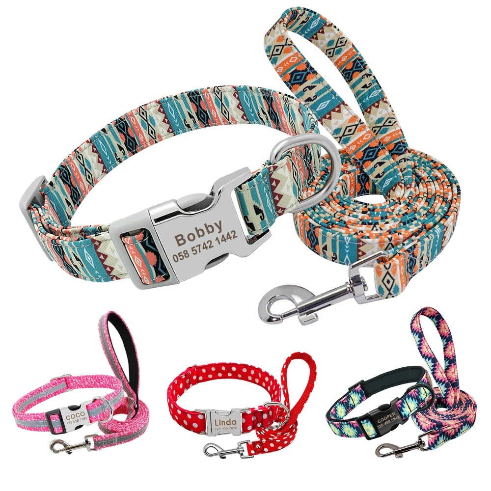 Personalized Dog Collar and Leash Set Reflective Nylon Pet Collars Lead Leash Engraved ID Tag for Small Large Dogs Pitbull