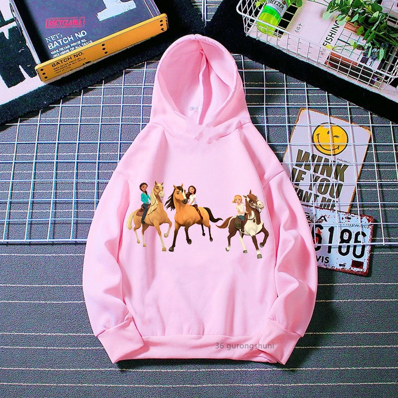 

Kawaii children's pink hoodies funny mustang spirit cartoon print girls hoodies fashion aesthetic baby winter sweatshirt jacket