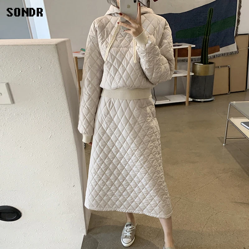 Korean Fashion Suit 2022 Autumn Winter Diamond Lattice Hooded Quilted Sweatshirt + High Waist A-Line Long Skirt Two-Piece Female