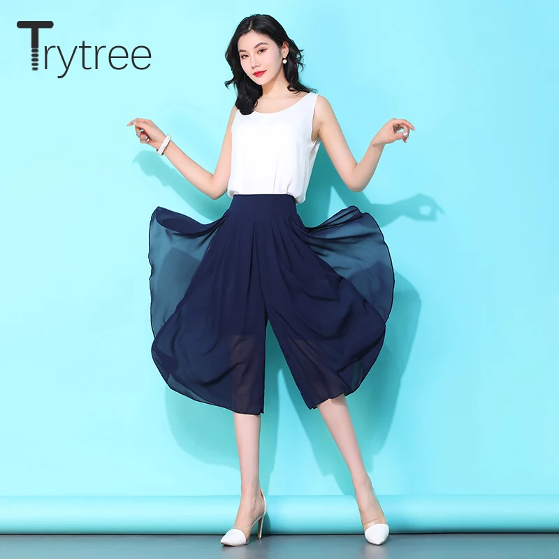 Trytree 2020 Spring Summer Women Pants Casual Elastic Waist Black Wide Leg Calf-Length Loose Fashion Thin | Женская одежда