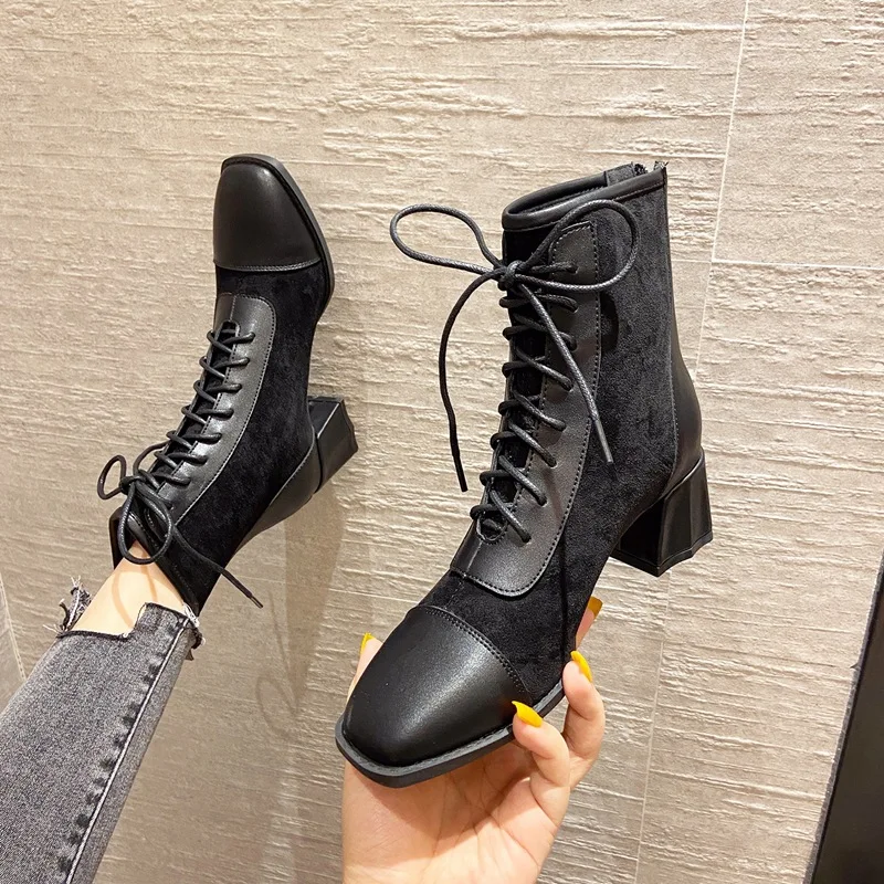 

short boots women 2020 new Mid Heel Boots fall winter versatile thin square head thick heel lace up boots women
