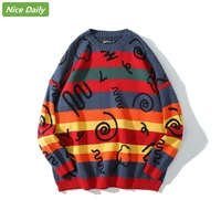 nicedaily autumn winter mens knitted tops contrast stripes korean hip hop drop shoulder round neck pullover sweater couple