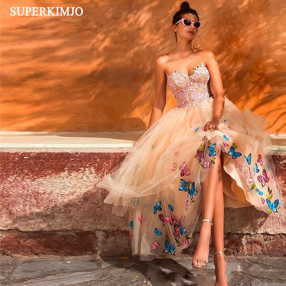 

SuperKimJo халаты, коктейльные платья цвета шампанского для выпускного вечера, короткое Кружевное платье с аппликацией и вырезом сердечком, бле...