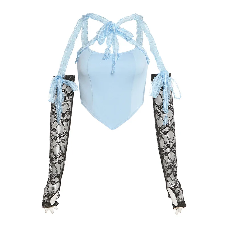 

European and American Style Summer Fashion Trend Women's New Mesh Stitching Open Back Lace Irregular Slim T-shirt