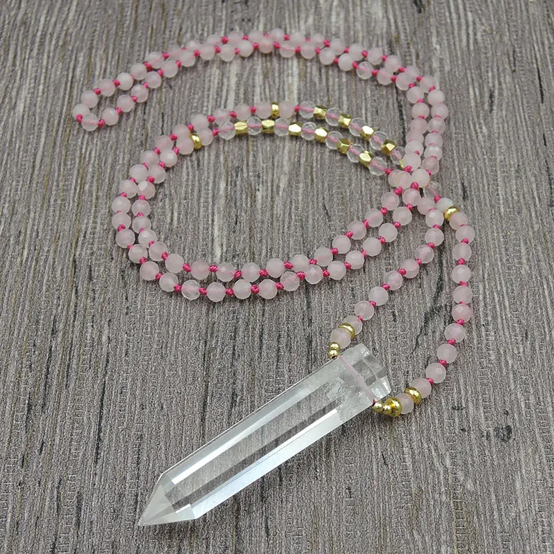 

Natural Clear Quartz Crystal Point Pendant Necklaces 4mm Rose Quartz Round Beads Knot Handmade 30inch 40inch