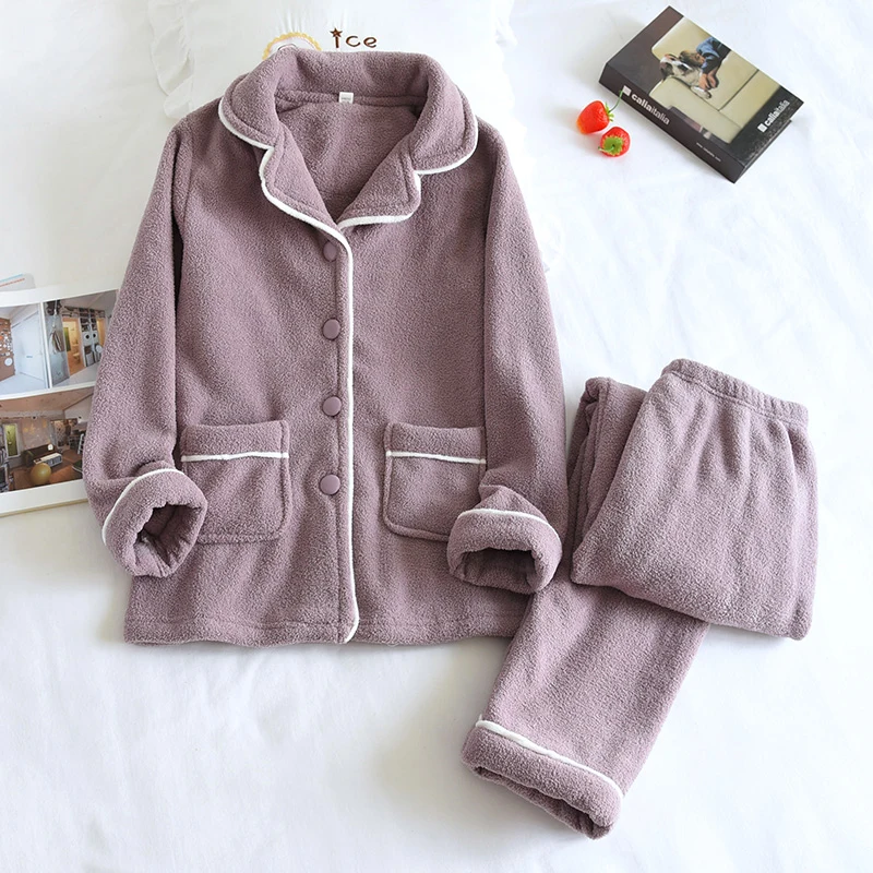 

Couple Pajamas Set Winter Sleepwear Solid Flannel Lounge Pyjama Long Sleeve Ensemble Femme Thicken Warm Homewear Female Pijama