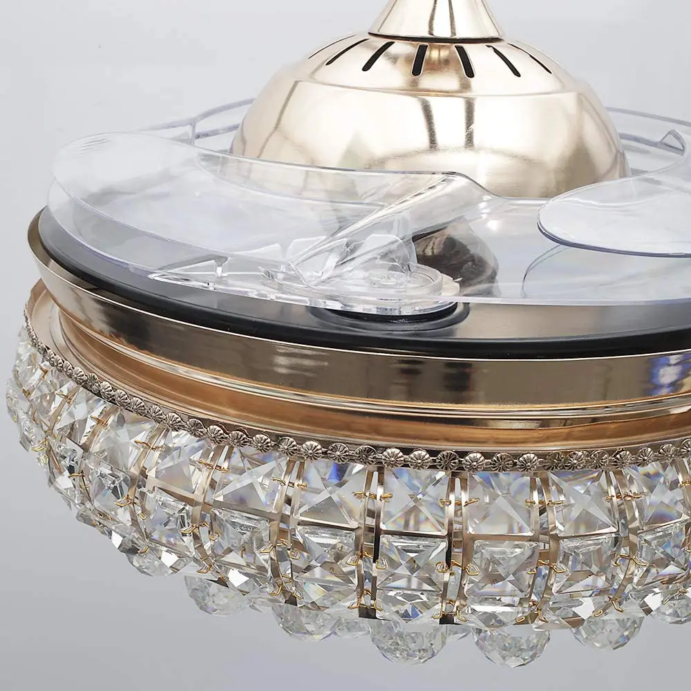 

42 inch Golden-09 Modern Crystal Chandelier Ceiling Fan Lamp Folding Chrome Remote Control Dining Room Lighting Bedroom Lights