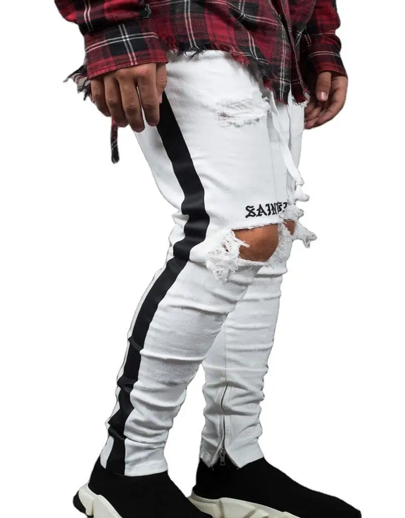 

New Men's Jeans White Hole Small Foot Zipper Embroidery Letter Black Elastic Jeans l0001-b