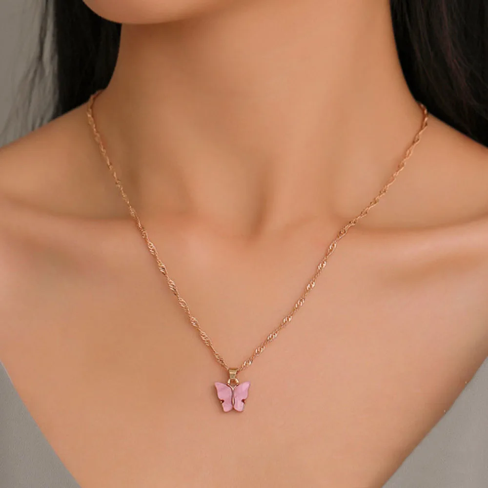 Милое акриловое ожерелье-бабочка для женщин золотистого цвета цепочка из