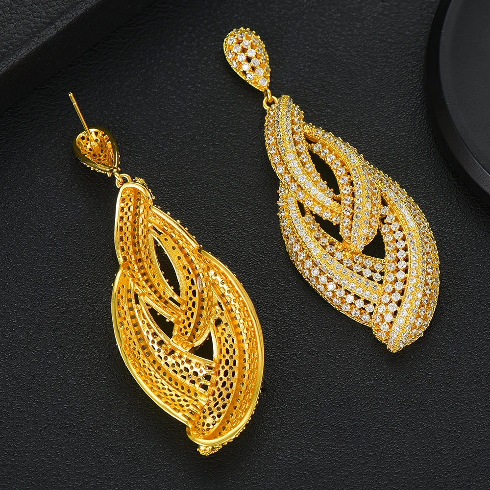 

Siscathy Famous Brand Luxury Feather Leaf Full Cubic Zirconia Engagement Wedding Party Nightclub Earring Dressing Up Jewelry
