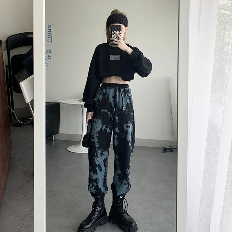 

Casual Trousers Korean Loose Sport Pants Female Handsome Streetwear Pants Fashion Tie Dye Jogging Pants Women High Waist