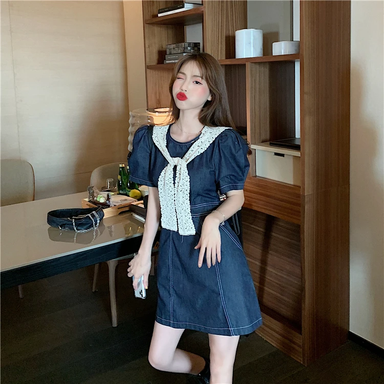 

2020 New Arrival O-neck Solid Denim Dresses Summer Women Denim Dresses Short Sleeves Dresses