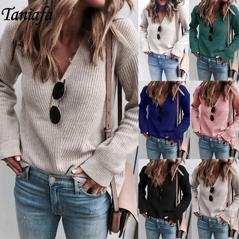 

Осенне-зимний модный женский трикотажный свитер с длинным рукавом и v-образным вырезом