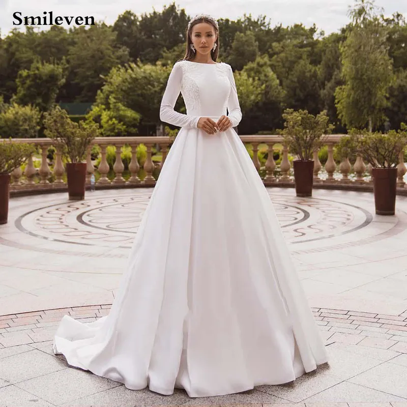 

Smileven Elegant Satin Wedding Dresses Long Sleeve Lace Bride Gown Muslim Wedding Gown Covered Back Vestido de novia 2020