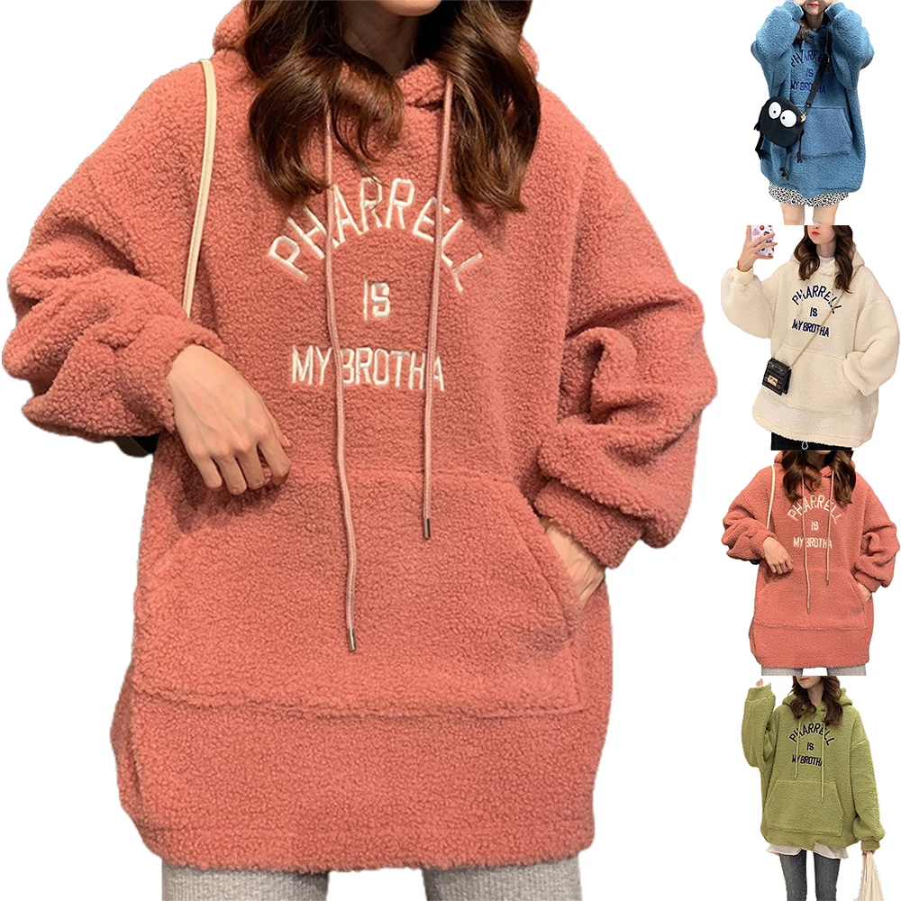 

Fluffy Plush Hoodie With Pocket Thicken Hooded Winter Warmer Casual Loose Hoodies Big Pockets Pullover Womens Pink Sweet Tops
