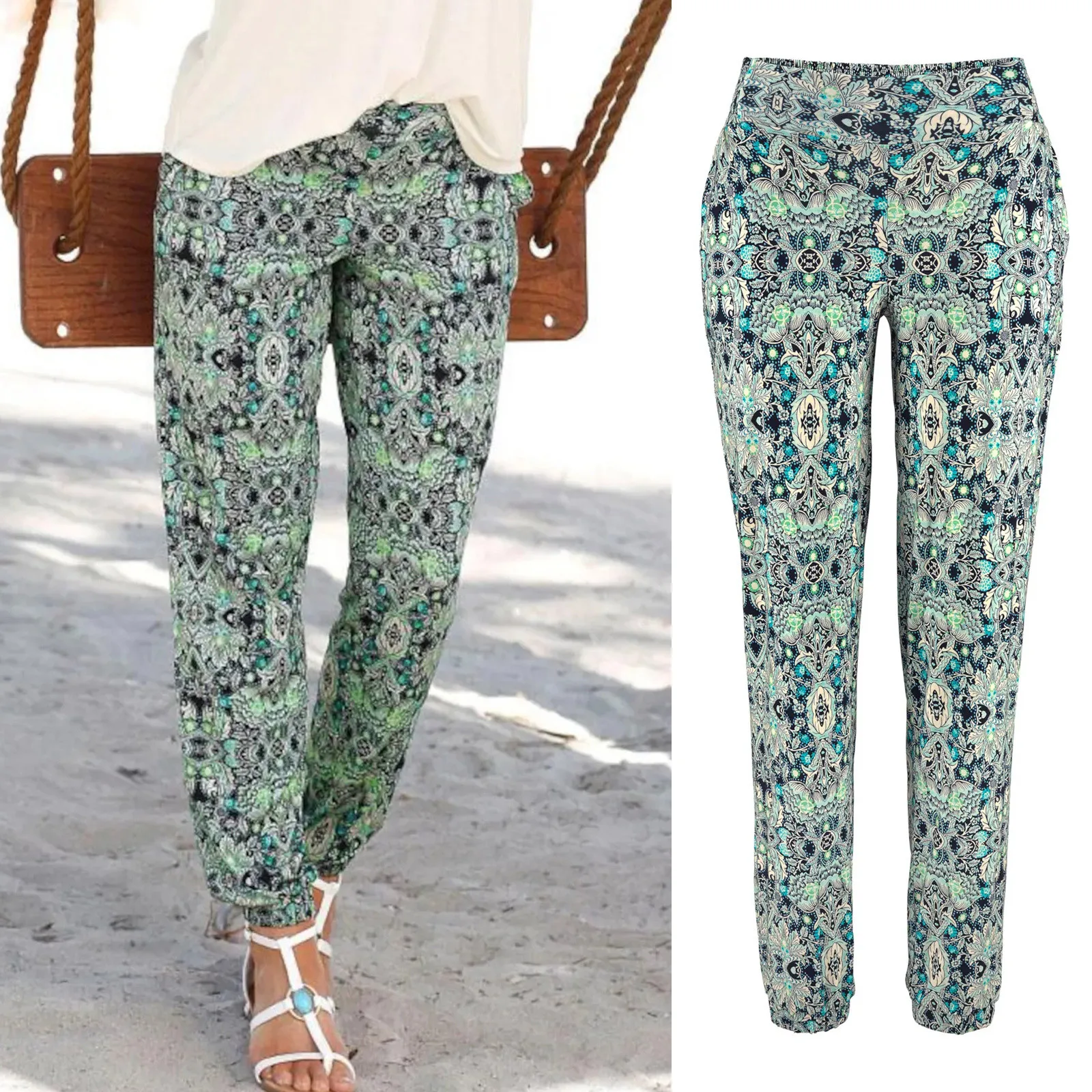 

Printing Women Elastic Waist New Trousers Green Long Pants Holiday Pocket Drawstring Pants Loose Comfortable Female Clothing