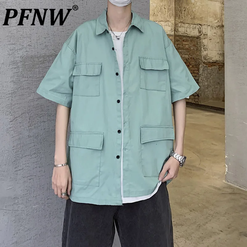 

PFNW 2021 Fashion Safari Style Shirt Men's Loose Boyfriend Style Versatile Retro Short Sleeve Black Shirts Korean Tops 12X0006