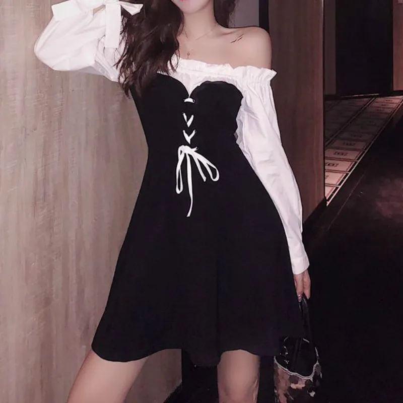 Леиона мини-платья с круглым вырезом на шее для женщин 2021 года, с патчворком и рукавами буфф, в японском стиле, сексуальные и сладкие, весна-осень, акция.