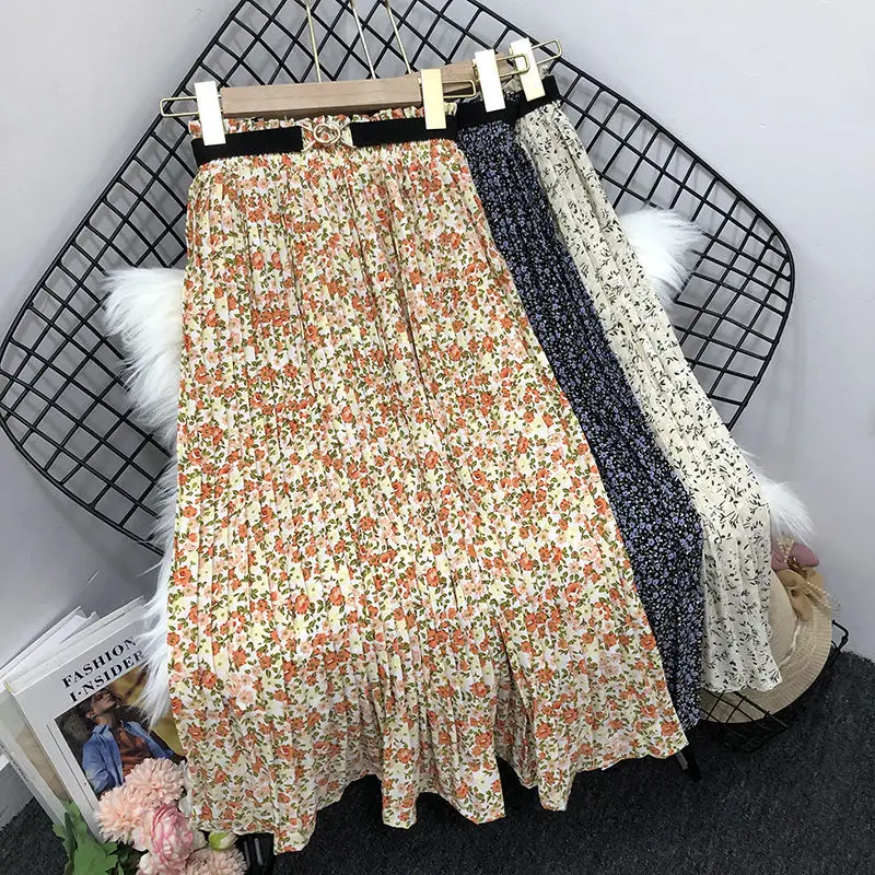 

New Summer Vintage Skirts Women Casual Chiffon Print Beach Boho Skirt Female Elegant Elastic High Waist Pleated Skirt Women
