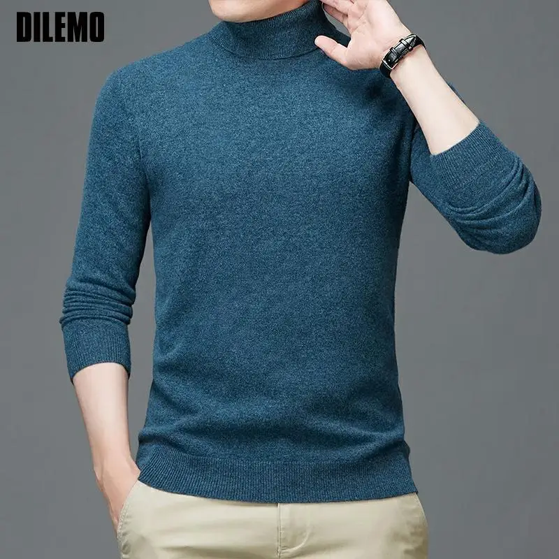 

100% Wool High End Warm New Fashion Brand Knit Pullover Simple Men Turtleneck Sweater Autum Casual Jumper Winter Mens Clothes