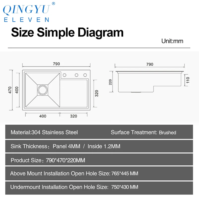 

New Stepped Sink 304 Stainless Steel Kitchen Sink 4mm Thickness 220mm Depth Large Size Handmade Brushed Stepped Kitchen Sinks