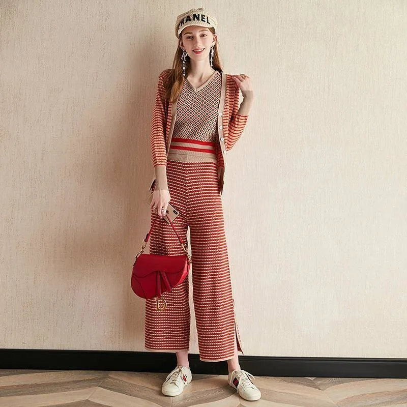

Women Knitted Striped Cardigan + Tank + High Waist Pants Clothing Autumn Winter 3 Piece Set Knit Suits