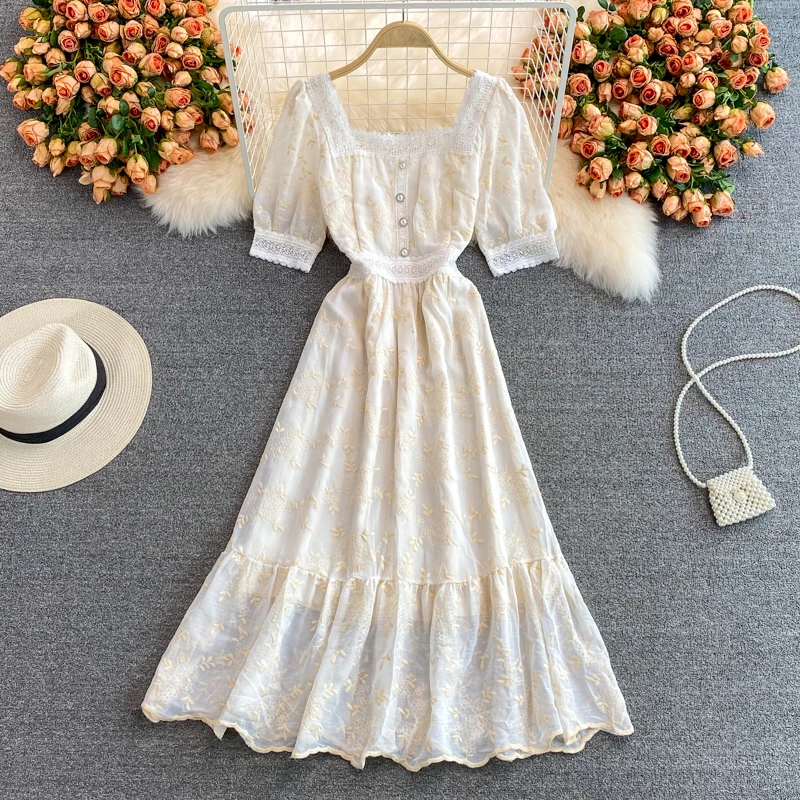 

YIZZHOY New Summer Casual Sloid Slim Puff Sleeve Chiffon Pullover Women Dresses A Line Square Collar Short Lady Dress