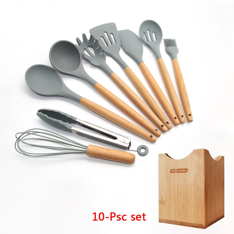 10-Pcs kitchen set 11-13 шт Силиконовая кухонная утварь набор кухонной утвари антипригарный шпатель Премиум деревянная ручка с ящиком для хранения кухонные инструменты - Цвет: 10-Pcs kitchen set