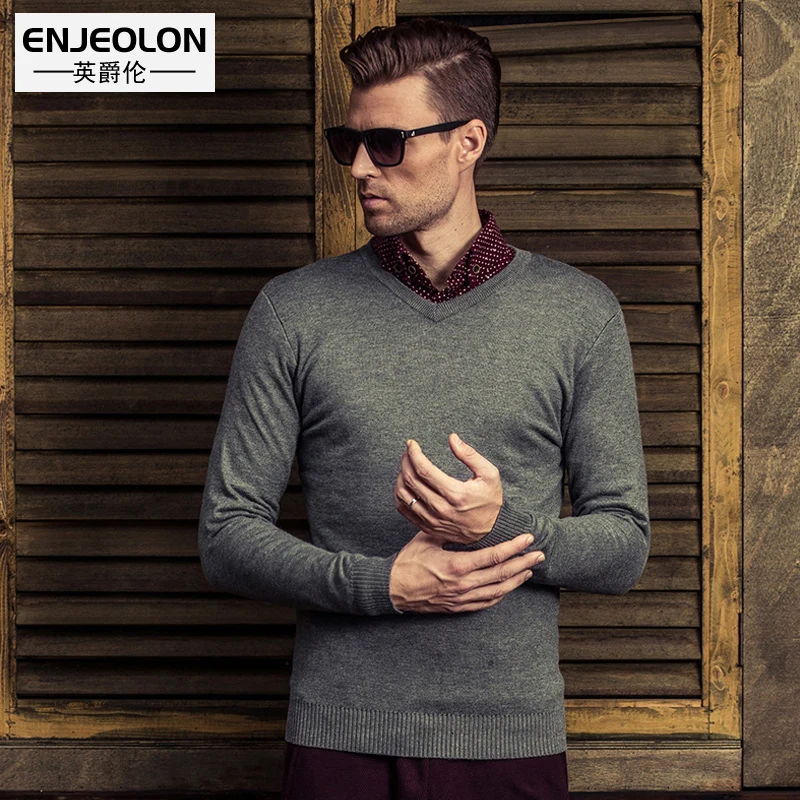 Бренд Enjeolon, топ, Осень-зима, теплый вязаный пуловер, свитер для мужчин, 100 хлопок, пуловер с круглым вырезом, мужской свитер MY3227 - Цвет: M2037 Dark Gray