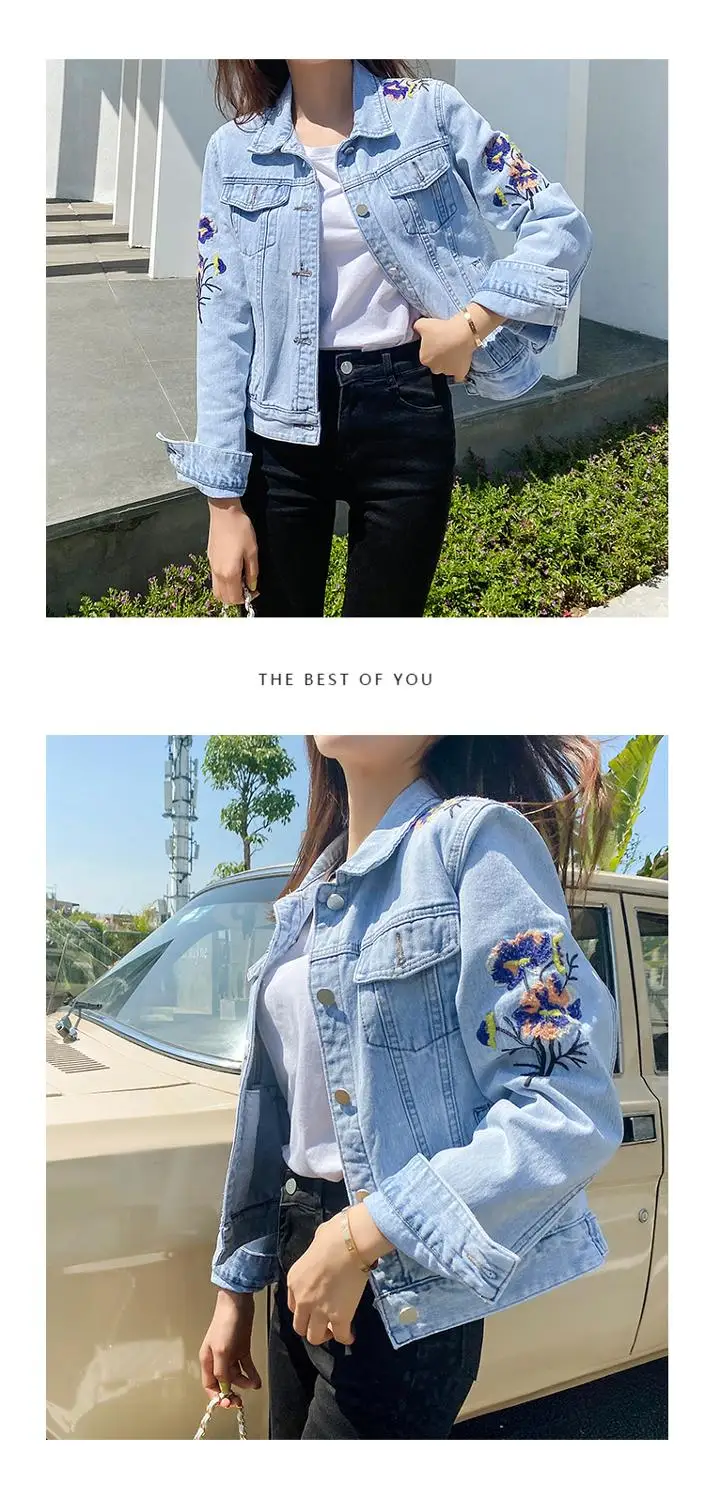 

Spring and Autumn New Korean Embroidery Flowers Outerwear Turn-Down Collar Slim Long Sleeve Single-breasted Short Jackets