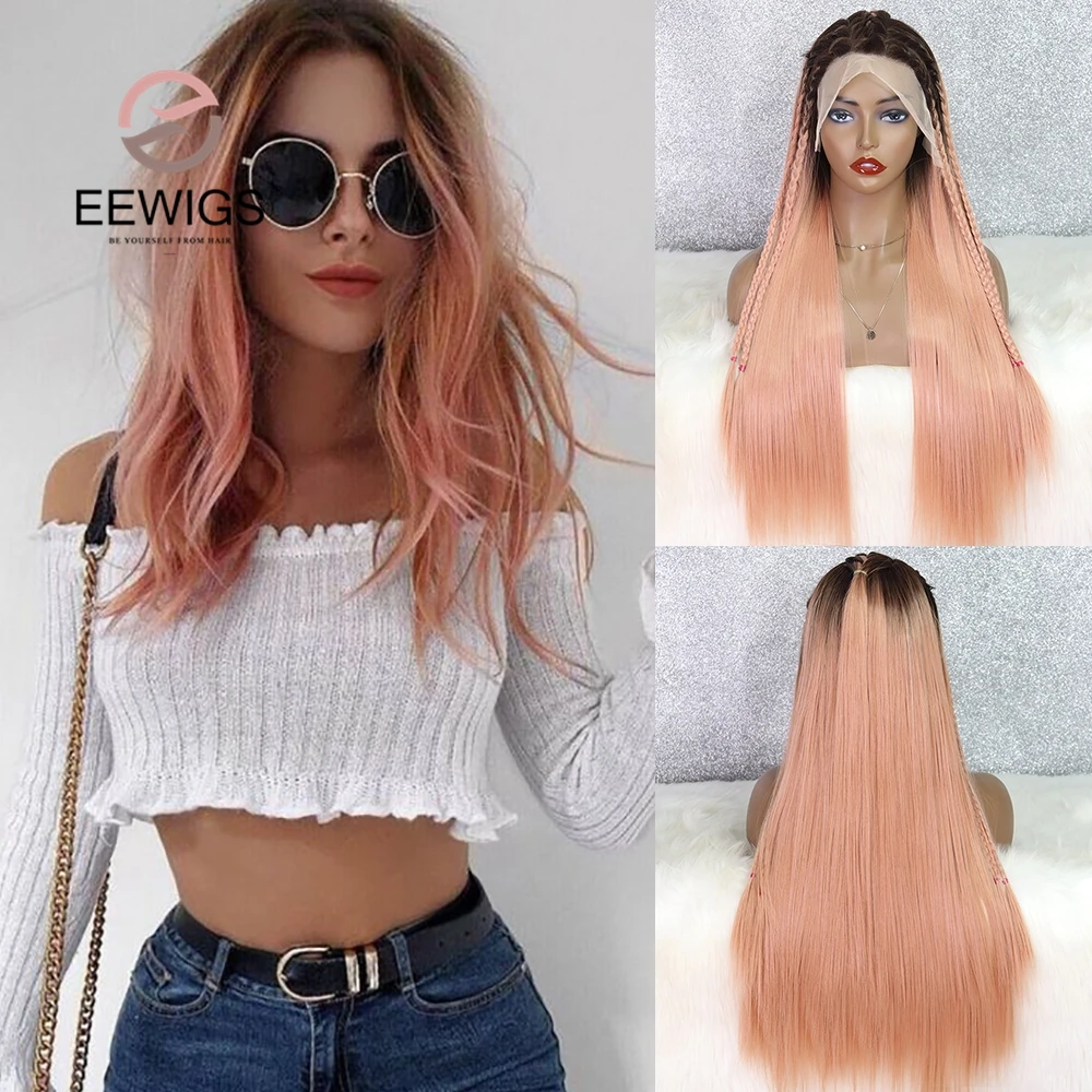 

13*6 Synthetic Lace Front Wig Ombre Pink Wig With Brown Roots Straight Freepart Drag Queen Cosplay Wigs For Black Women EEWIGS