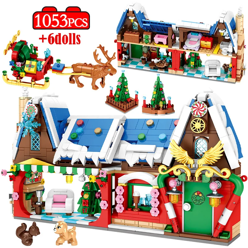 

4IN1 City Christmas Tree Snowman Wooden House Building Blocks Friends Santa Claus Elk Sled Figures Bricks Toys For Children Gift