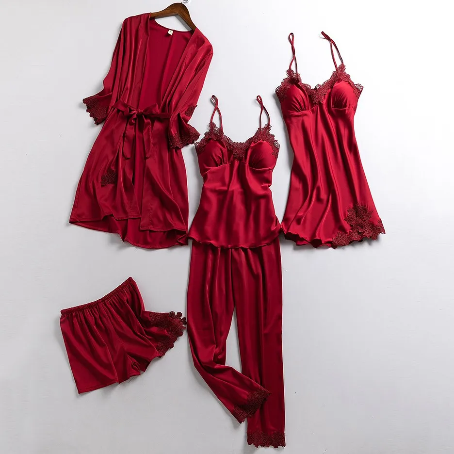 

5PCS Set Pajamas For Women Silky Satin Kimono Robe Gown Lace Patchwork Nightwear Spring Autumn New Sleepwear Pyjamas Suit