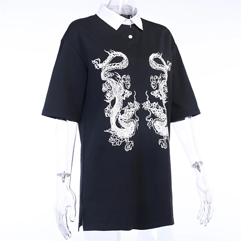 

Harajuku Loose Long T-shirts Women Gothic punk Streetwear Oversize Black T-shirts Grunge Printed Dragon Female Vintage Tops