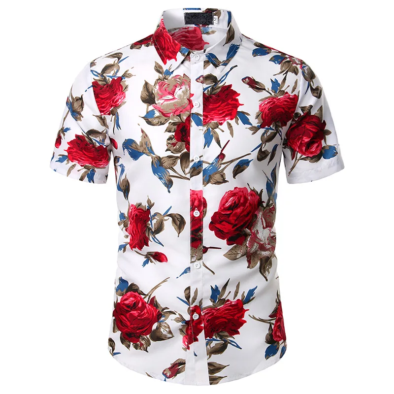

New Summer Rose Flower Print Men's Shirts Casual Turn Down Collar Short Sleeve Slim Fit Shirt Men Cool Male Cardigan Blouse Tops