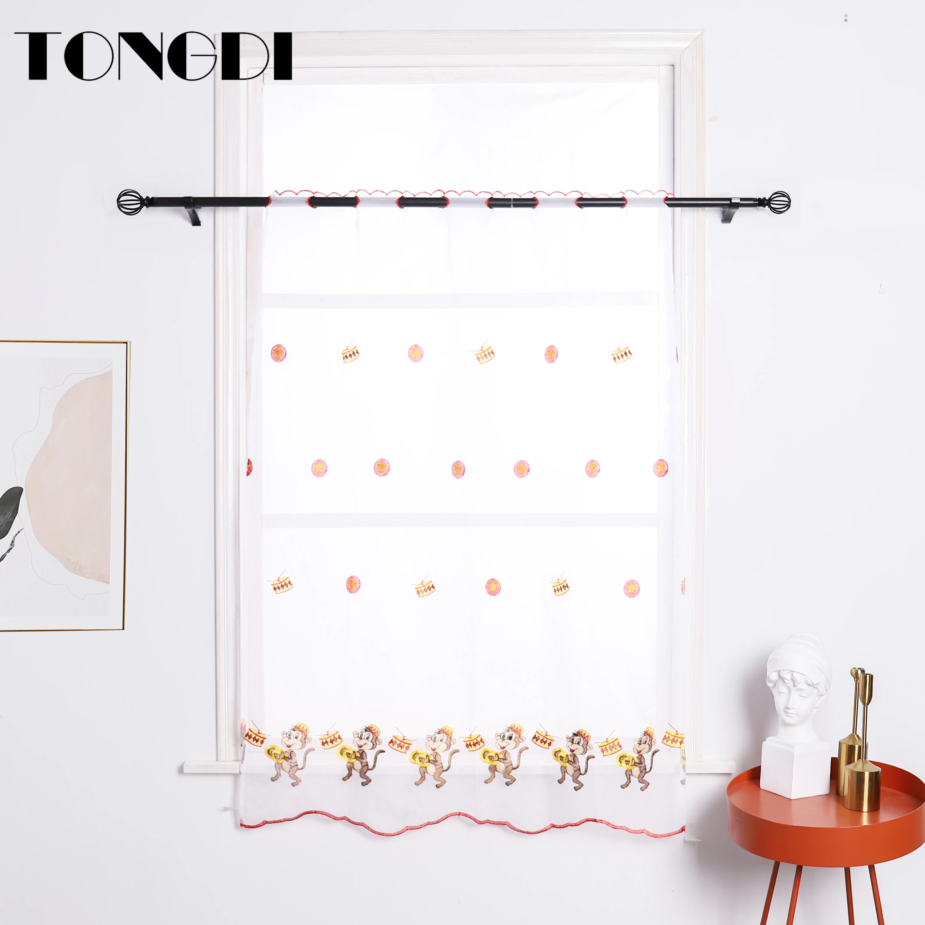 

TONGDI Home Kitchen Children Curtains Cartoon Monkey Embroidery White Tulle Valance Decoration For Window Kitchen Dining Room