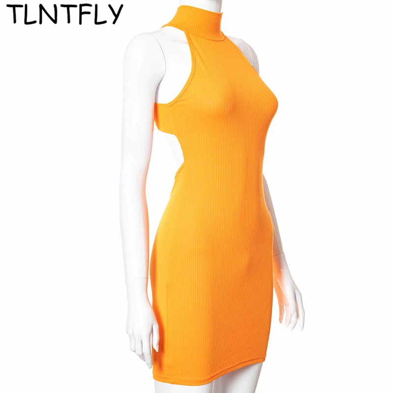 

Mini Dress Women's Summer 2021 Evening Dresses Sexy Ribbed Solid Color Sleeveless Cross Straps Halter Slim Prom Club Streetwear
