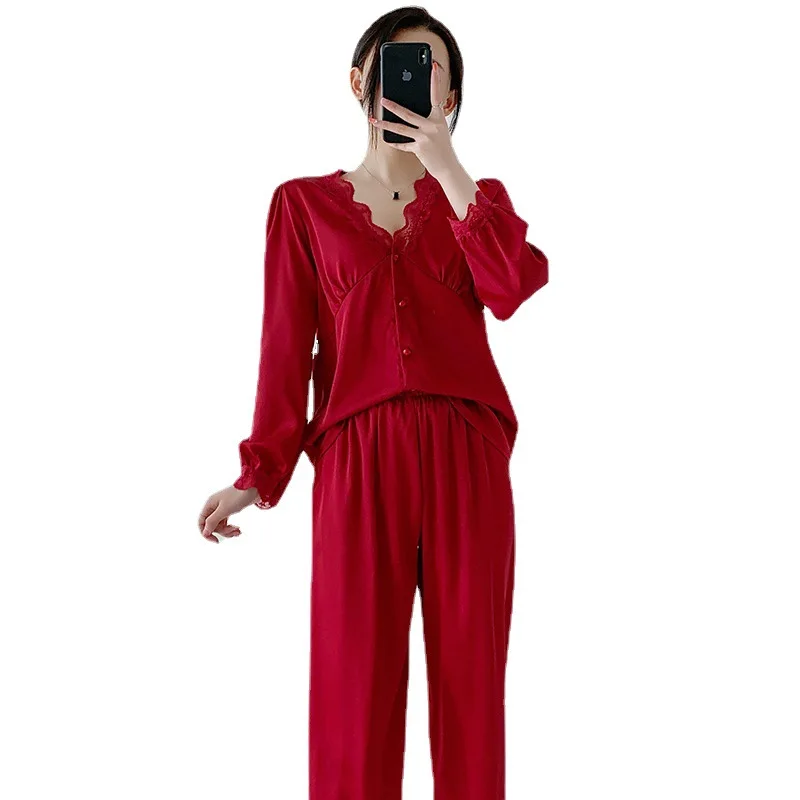 Spring Autumn Home Wear Lace Women's Pajamas Suit Sexy Nightwear V-neck Ice Silk Sleepwear Female Sleeping Wear Lounge Sets