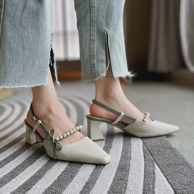 

2021 summer new fairy wind thick heel shallow mouth Pearl high heel after empty single shoe