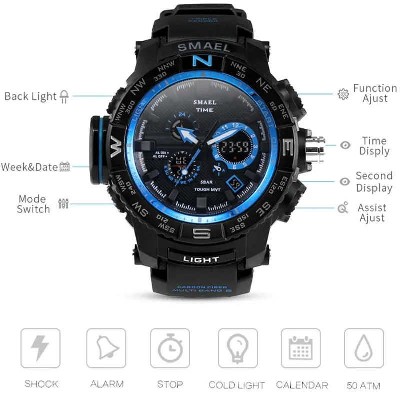 

Orange Sport Watch SMAEL Brand Watches LED Digital Wristwach Multi-functional Men Clock Led Stopwatch 1531 S Shock Sport Watch