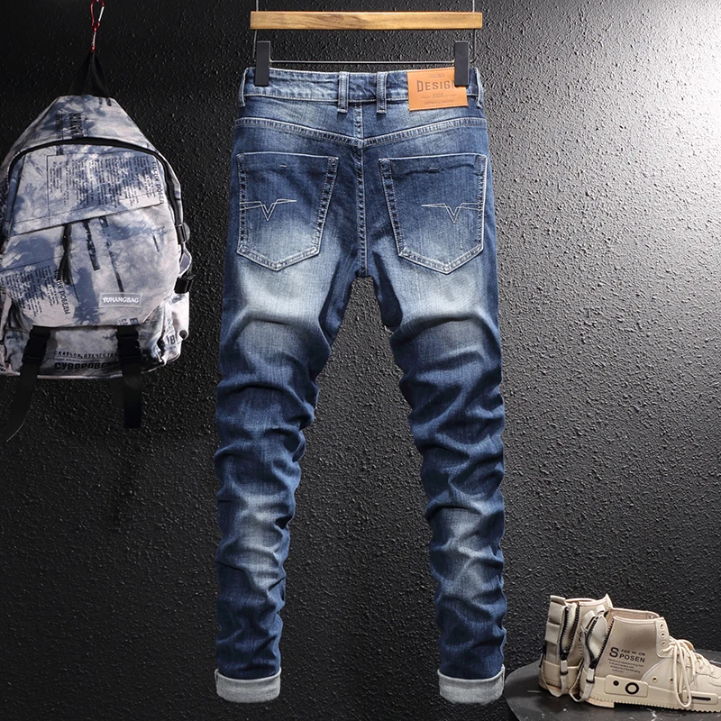 European Vintage Fashion Men Jeans Retro Blue Elastic Slim Fit Designer Jeans Men Italian Style Casual Plain Cotton Denim Pants
