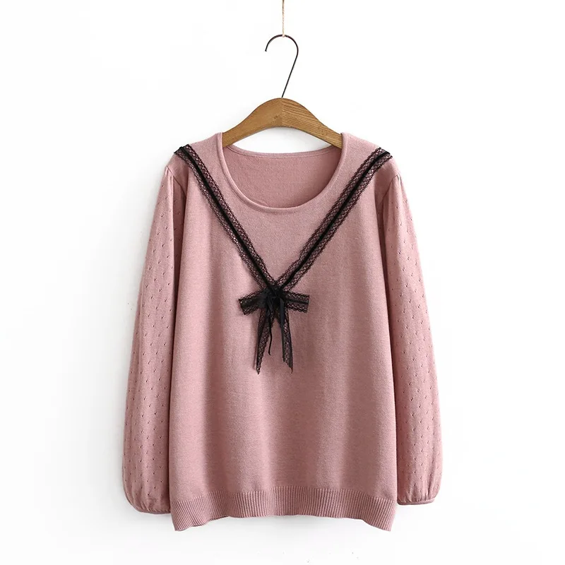 

Plus Size Women's XL-4XL Long Sleeved Lace Bow Tie Sweaters Casual Autumn Winter Pullovers
