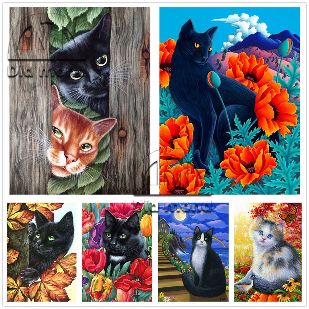 

5D Diy Diamond Painting Animal Black Cat Flower Diamond Embroidery Cross Stitch Full Square Round Drill Home Decor Manual Gift