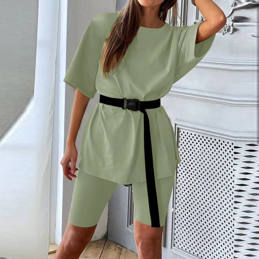 

Plus Size Sports Casual T-Shirt Shorts Sets with Belt Summer Sexy Soild Women Home Loose Fashion Leisure Suit 2 Piece Female