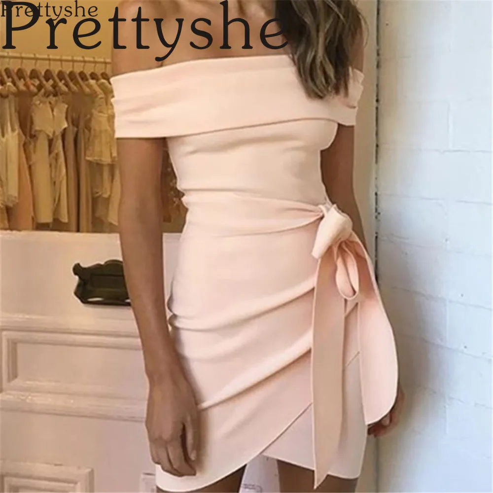 

Prettyshe Women Mini Dresses Sexy Off Shoulder Slim Elastic Bodycon Fashion Pink Party Female Birthday Club Outfits Vestidos