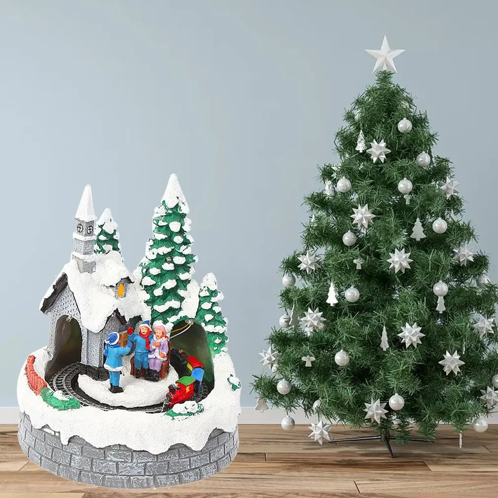 

Christmas House Village Scene Resin Ornament With LED Light Spinning Train Musical Animated Lighted Xmas Holiday Decoration