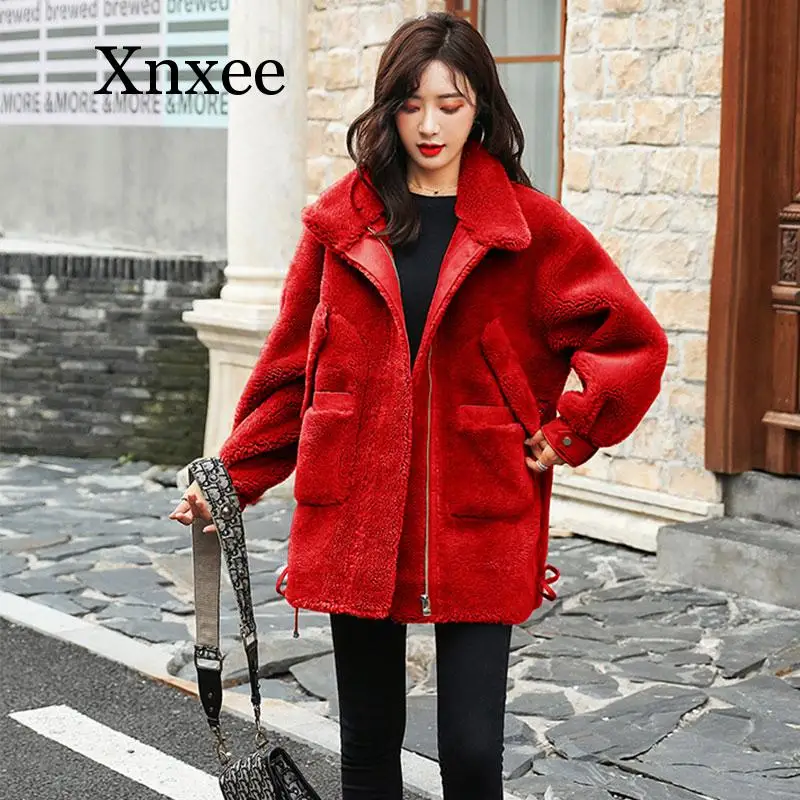 Winter Fur Coat Women Sheep Shearing Wool Fur short Jacket  Loose  Pocket Adustable Waist  Kawaii vintage korean