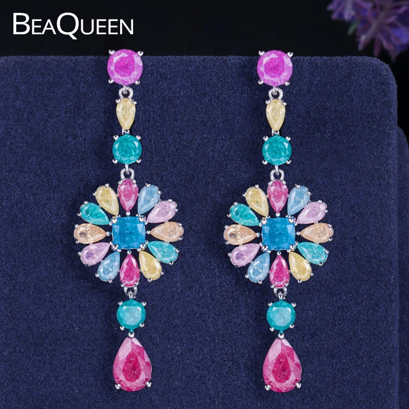 Женские богемные серьги подвески BeaQueen длинные с разноцветными кристаллами