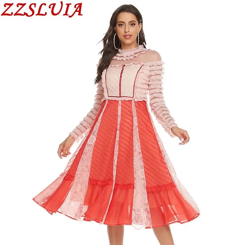 

Color Blocking Patchwork Dresses For Women Lace Ruffles Design Long Sleeve Slim One Piece Ladies Elegant Party Dress Female