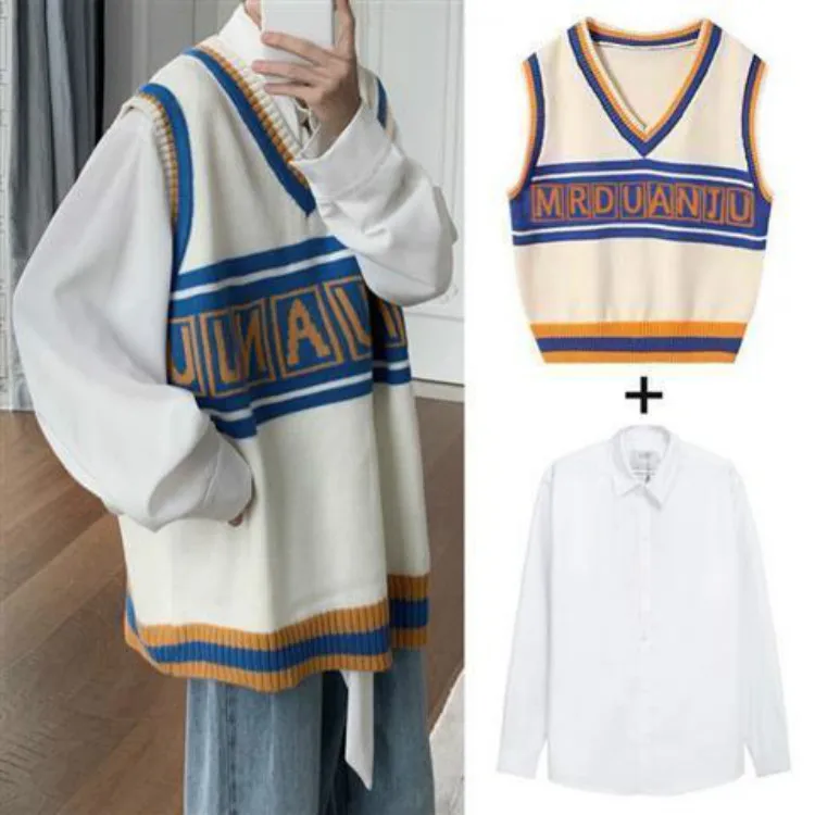 

Two-piece Suit Sleeveless Knit Sweater Vest College Style Male Student Korean Loose Vest Top Autumn Men's Clothing Wool Sweaters